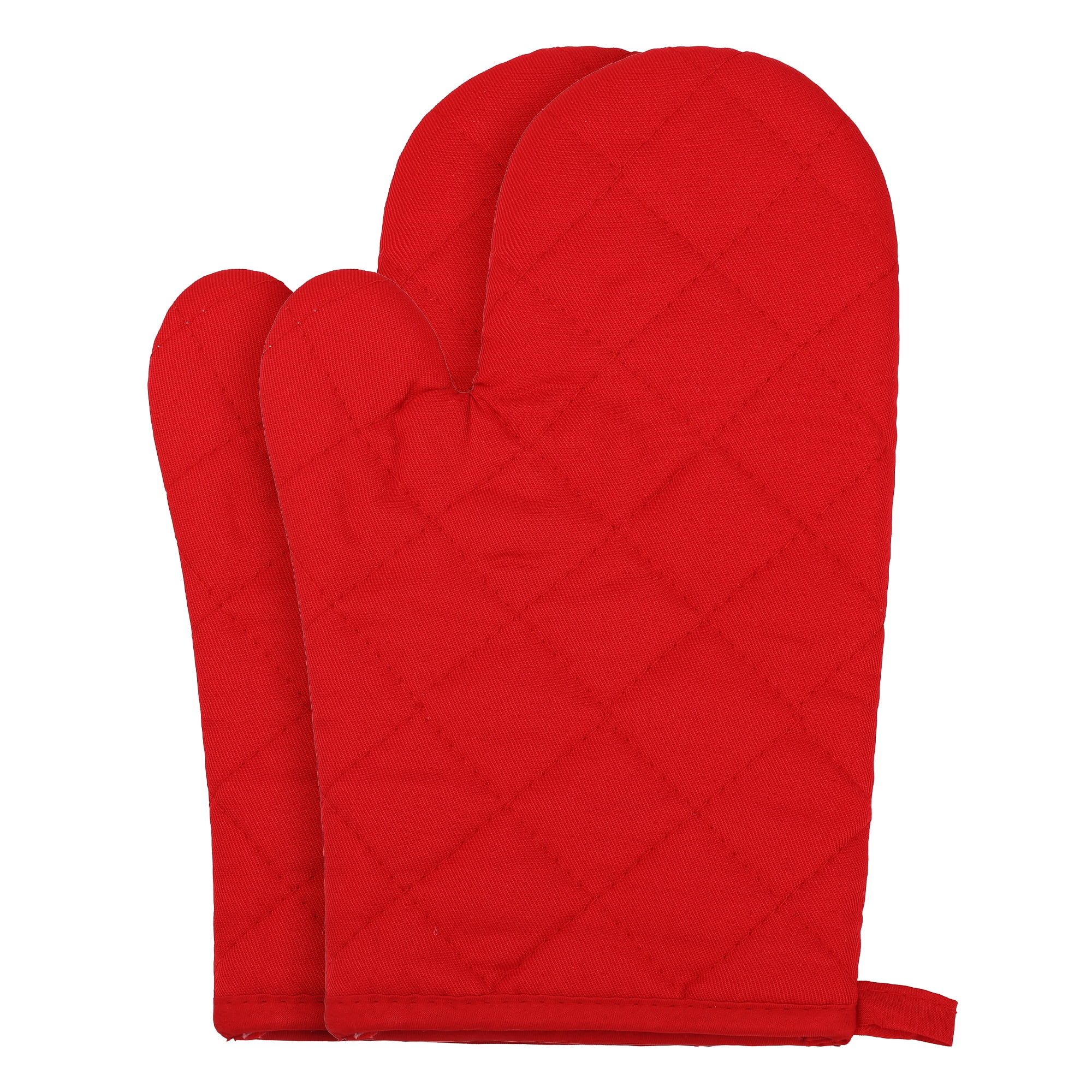 Unique Bargains Heat Resistant Cooking Gloves Thick Cotton Lining Red 10.6x6.7inch