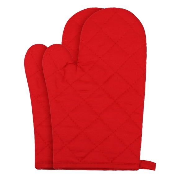 Unique Bargains Heat Resistant Cooking Gloves Thick Cotton Lining Red 10.6x6.7inch