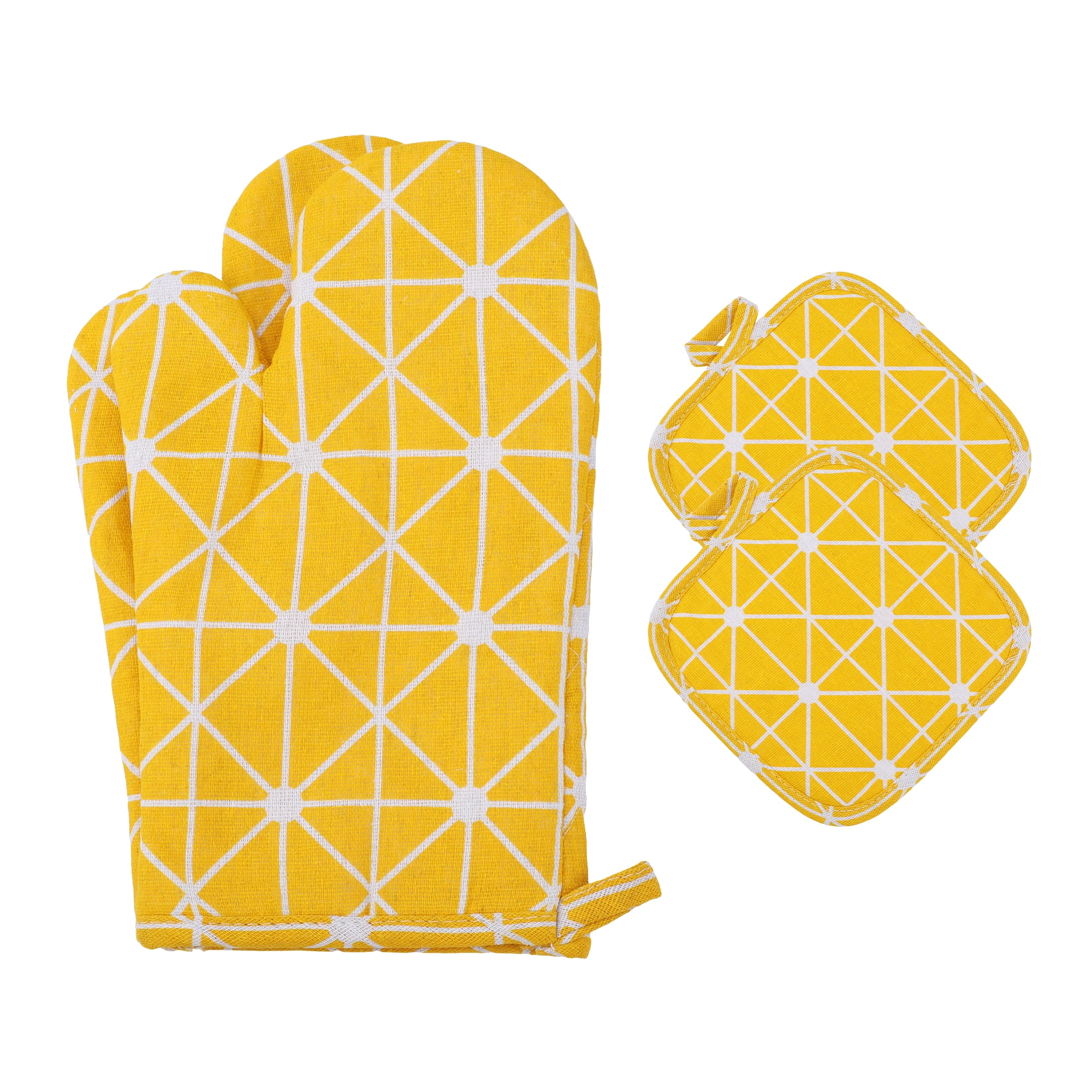 Unique Bargains Heat Resistant Oven Mitts and Pot Holders Sets 4 Pcs Yellow 10.6x6.7 Inch