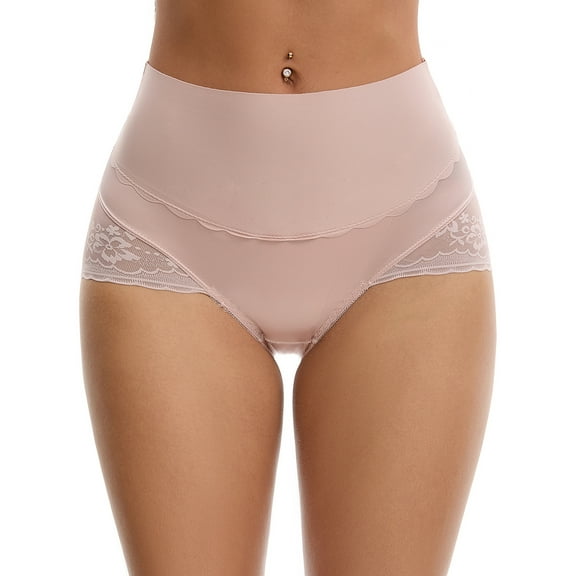 Unique Bargains High Waisted Lace Trimmed Underwear M Beige