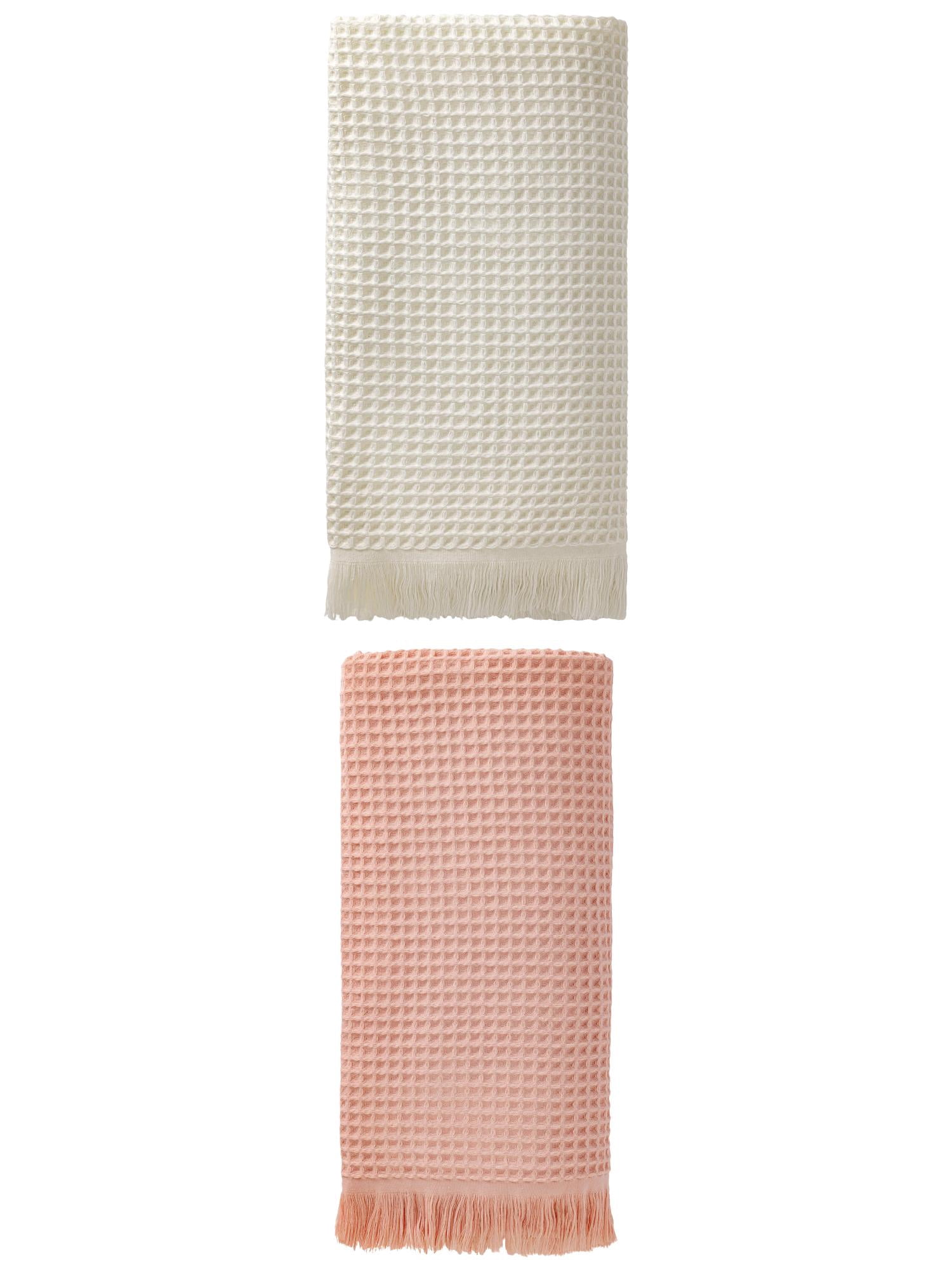 Unique Bargains Highly Absorbent Cotton Waffle Bath Towel 2 Pack Pink/Beige 71"x35"