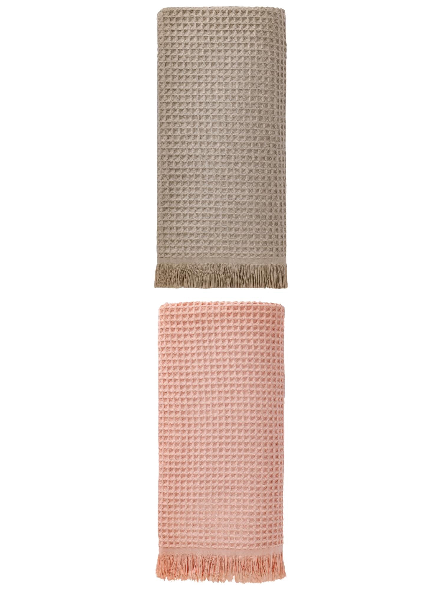 Unique Bargains Highly Absorbent Cotton Waffle Bath Towel 2 Pack Pink/Camel 71"x35"