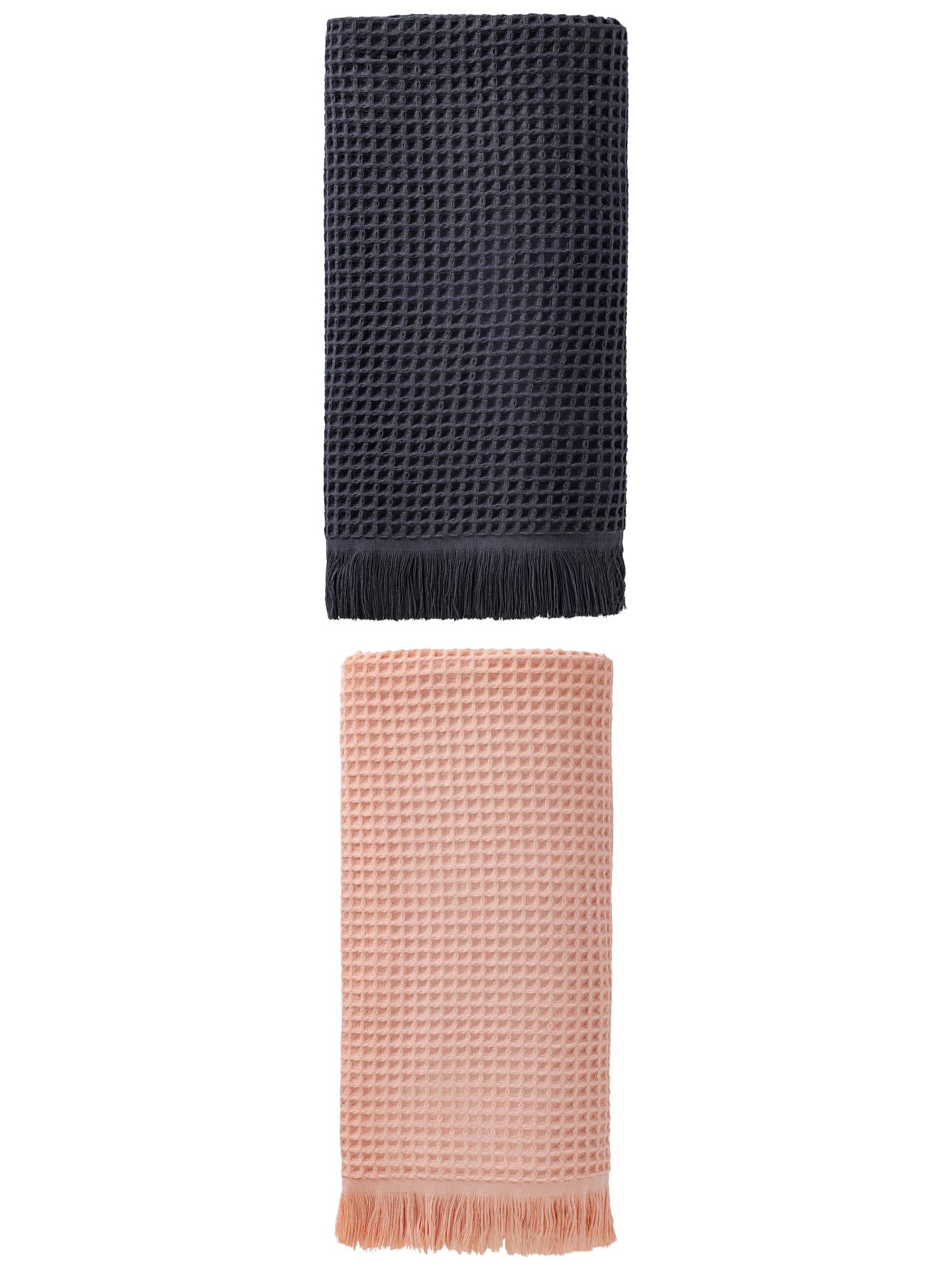 Unique Bargains Highly Absorbent Cotton Waffle Bath Towel 2 Pack Pink/Dark Blue 71"x35"