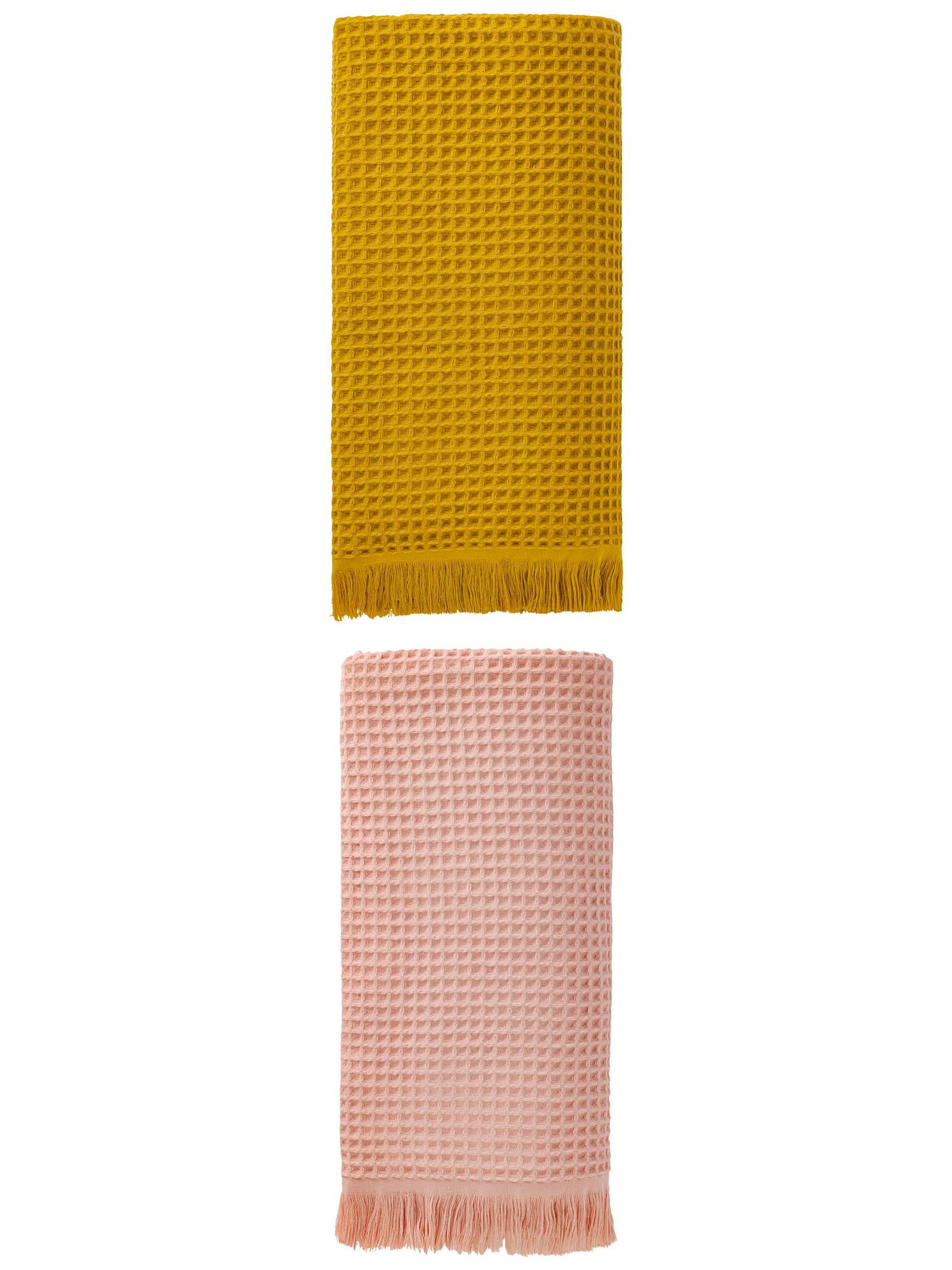 Unique Bargains Highly Absorbent Cotton Waffle Bath Towel 2 Pack Pink/Yellow 71"x35"