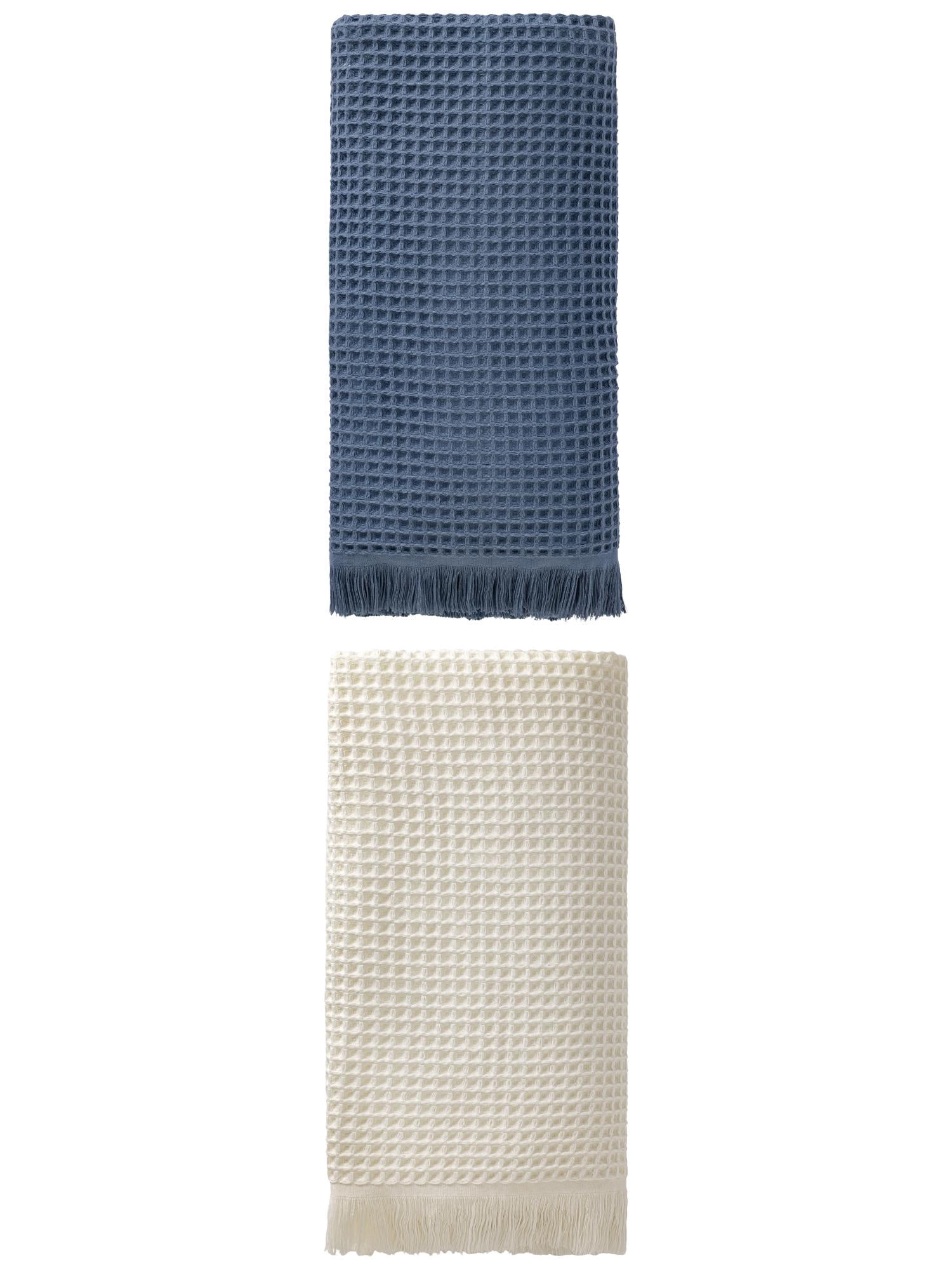 Unique Bargains Highly Absorbent Waffle Bath Towel 2 Pack Navy Blue/Beige 71"x35"