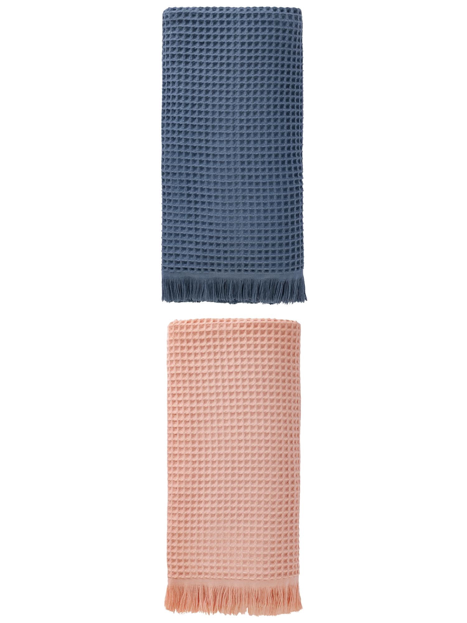 Unique Bargains Highly Absorbent Waffle Bath Towel 2 Pack Navy Blue/Pink 71"x35"