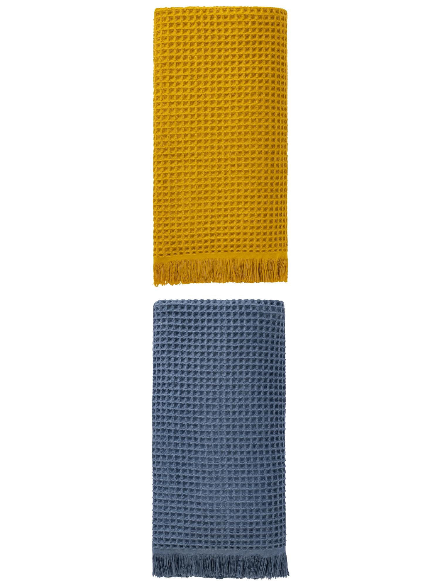 Unique Bargains Highly Absorbent Waffle Bath Towel 2 Pack Navy Blue/Yellow 71"x35"