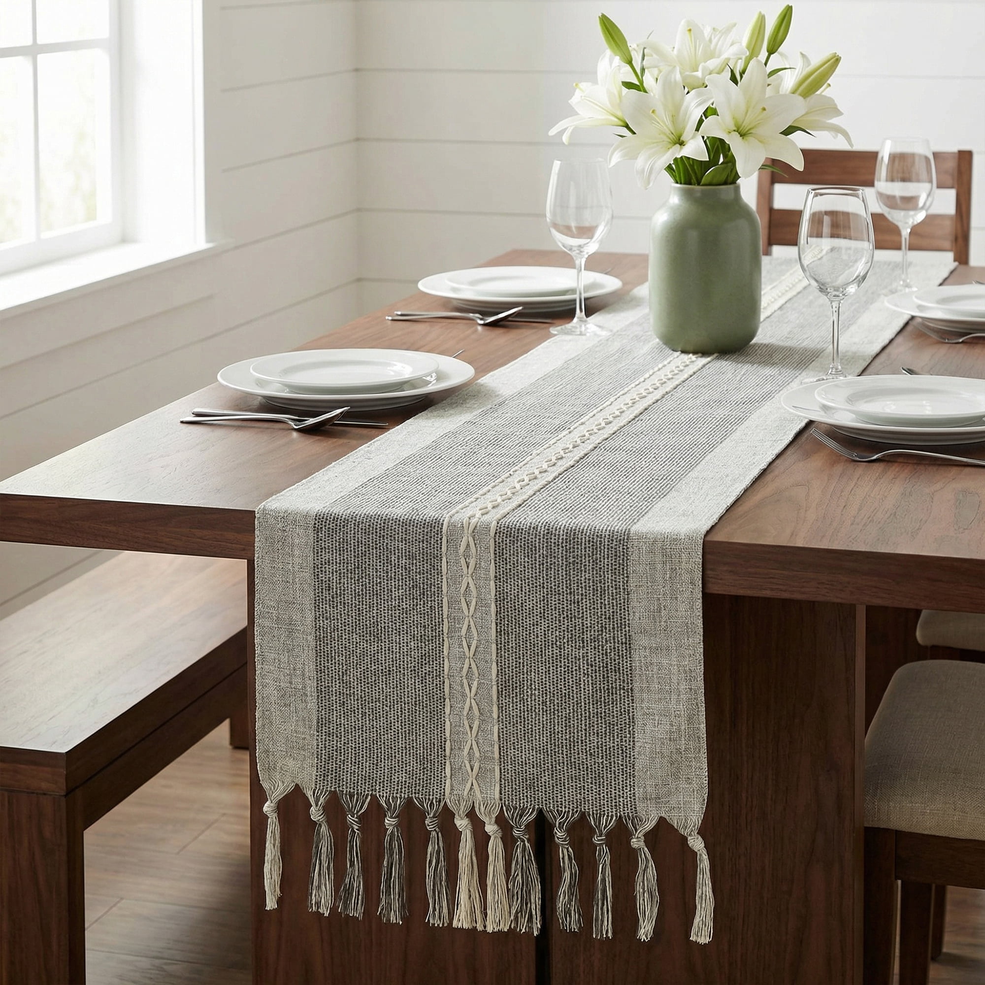 Unique Bargains Home Decorations Tassel Polyester Kitchen Runner Gray 13x72in