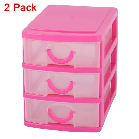 Unique Bargains Home Dresser Plastic 3 Layers Trinket Cosmetic Holder Desk Storage Organizer Box Office Fuchsia 2pcs