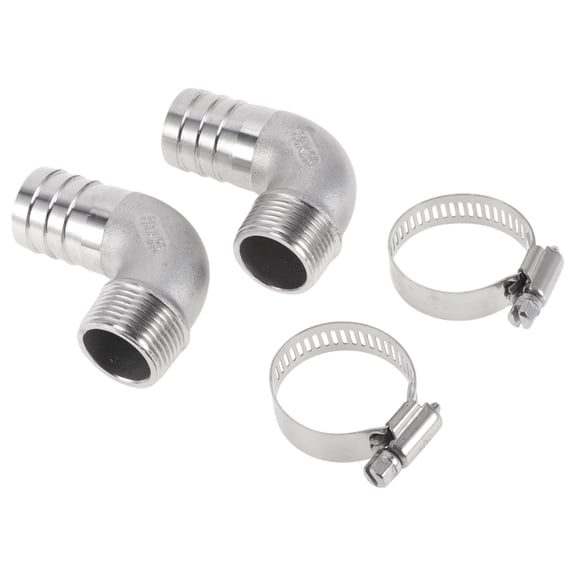 Unique Bargains Hose Barb Fittings with 2 Clamps 90 Degree Elbow Connector for Air Water Oil Gas Fuel Stainless Steel 63/64" OD 3/4" BSPT 1 Set Silver Tone
