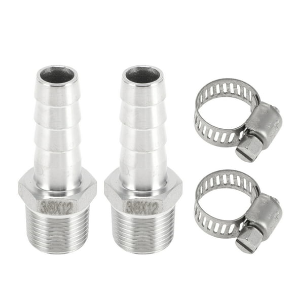 Unique Bargains Hose Barb Fittings with 2 Clamps Male Thread Compression Fitting for Air Water Oil Gas Fuel Stainless Steel 15/32" OD 3/8" BSPT 1 Set Silver Tone