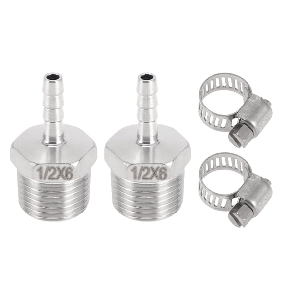 Unique Bargains Hose Barb Fittings with 2 Clamps Male Thread Compression Fitting for Air Water Oil Gas Fuel Stainless Steel 15/64" OD 1/2" BSPT 1 Set Silver Tone