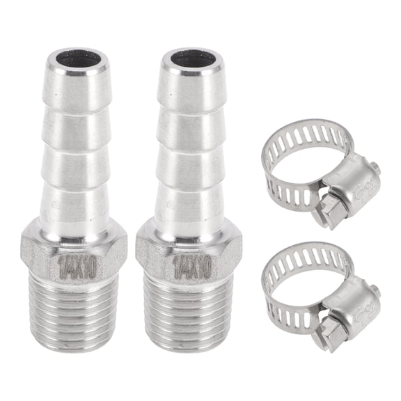 Unique Bargains Hose Barb Fittings with 2 Clamps Male Thread Compression Fitting for Air Water Oil Gas Fuel Stainless Steel 25/64" OD 1/4" BSPT 1 Set Silver Tone