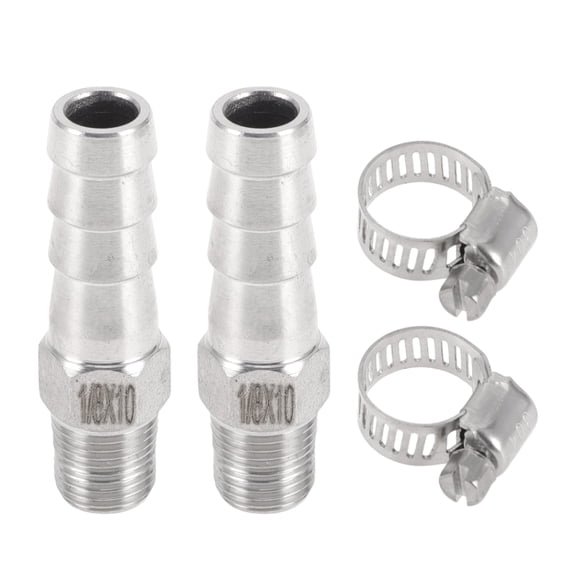 Unique Bargains Hose Barb Fittings with 2 Clamps Male Thread Compression Fitting for Air Water Oil Gas Fuel Stainless Steel 25/64" OD 1/8" BSPT 1 Set Silver Tone