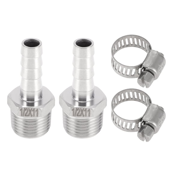 Unique Bargains Hose Barb Fittings with 2 Clamps Male Thread Compression Fitting for Air Water Oil Gas Fuel Stainless Steel 7/16" OD 1/2" BSPT 1 Set Silver Tone