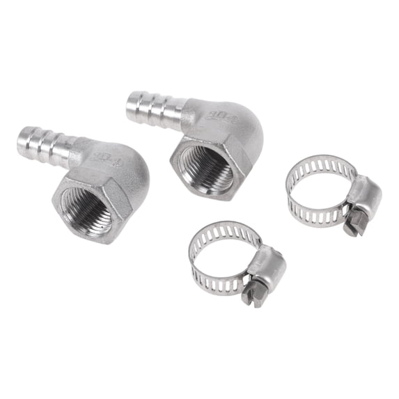 Unique Bargains Hose Barb Fittings for Air Water Oil Gas Fuel 90 Degree Elbow Barb Joint Silver Tone with 2 Clamps 1 Set 25/64" OD 3/8" BSPT Stainless Steel