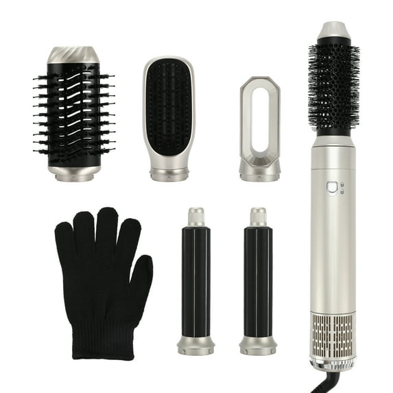 Unique Bargains Hot Air Brush 6 in 1 Hair Dryer Brush Detachable Hair Dryer Styler Air Curling Wand Set Silver Tone