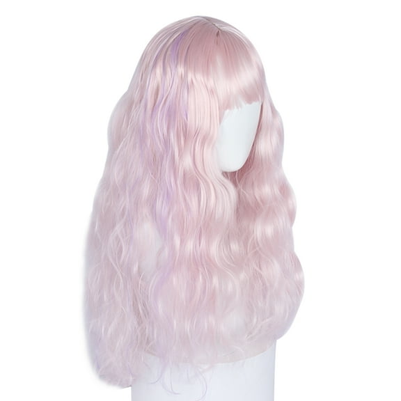 Unique Bargains Human Hair Wigs for Lady 26" Pink Curly Wig with Wig Cap 21.5"- 22.5"