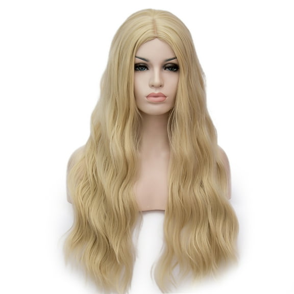 Unique Bargains Human Hair Wigs for Lady 28" Curly Wig Cap Fluffy Curly Wavy Bright Gold Tone