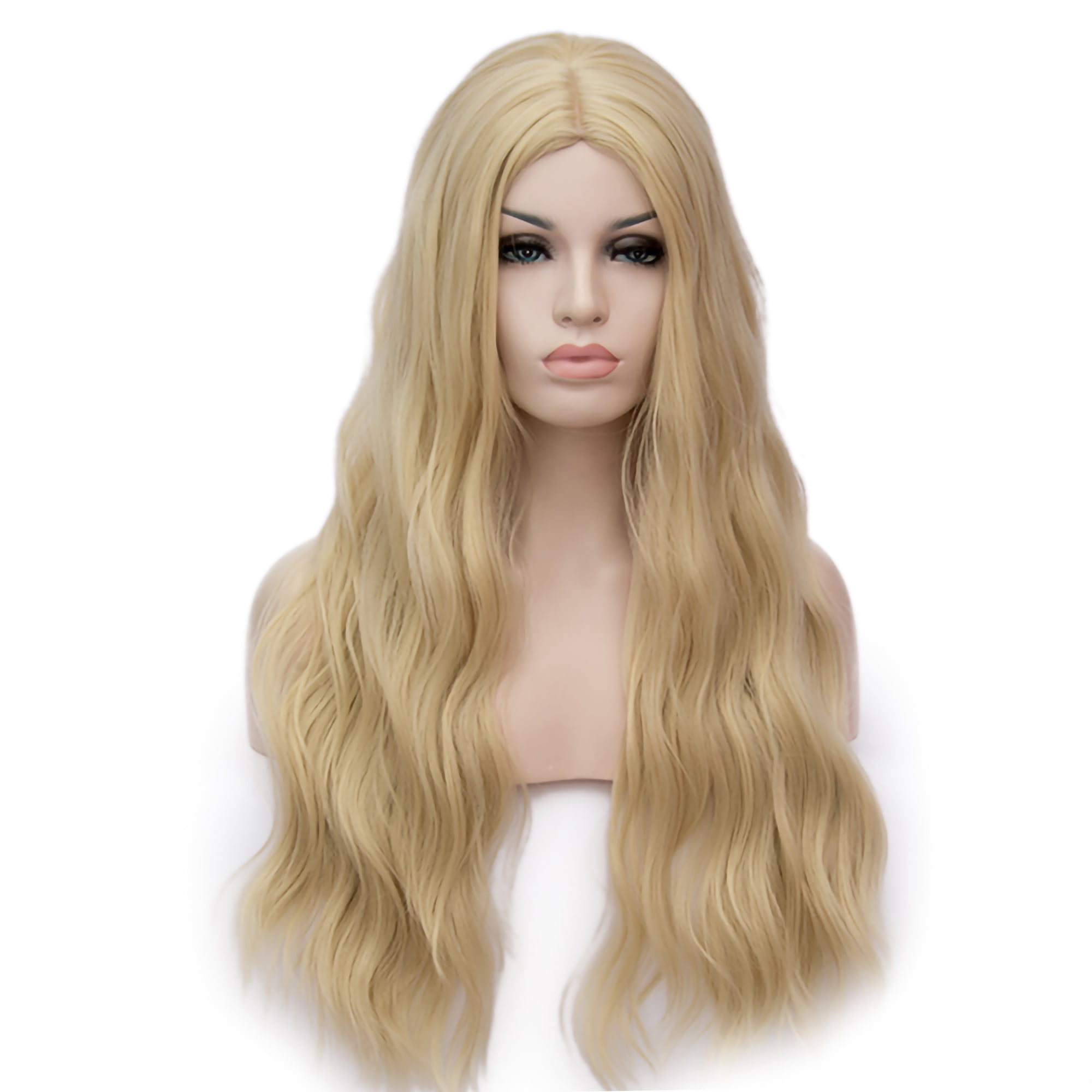 Unique Bargains Human Hair Wigs for Lady 28" Curly Wig Cap Fluffy Curly Wavy Bright Gold Tone