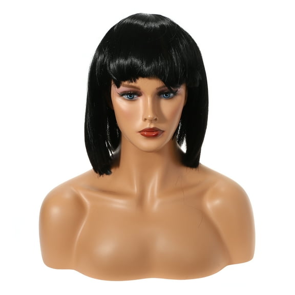 Unique Bargains Human Hair Wigs for Women 12" Black Bob Wig with Wig Cap