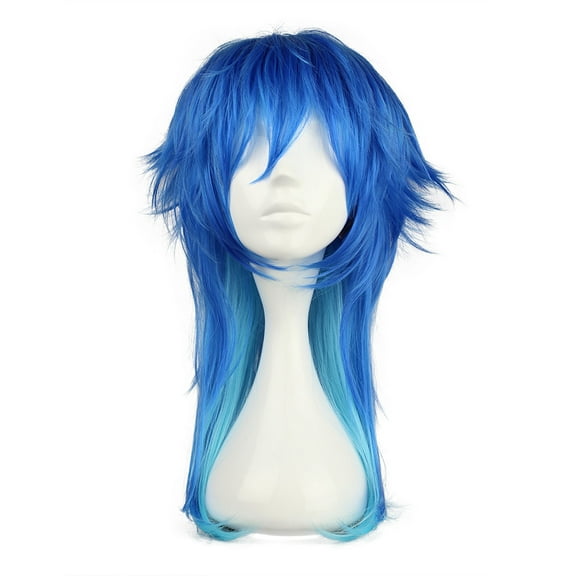 Unique Bargains Human Hair Wigs for Women Curly Long Wig with Wig Cap 24" Blue Gradient