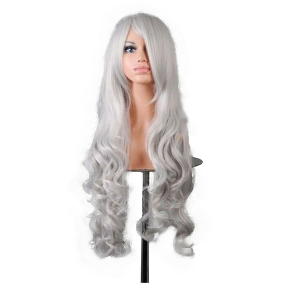 Unique Bargains Human Hair Wigs for Women Curly Wig with Wig Cap 31" Silver Tone Grey