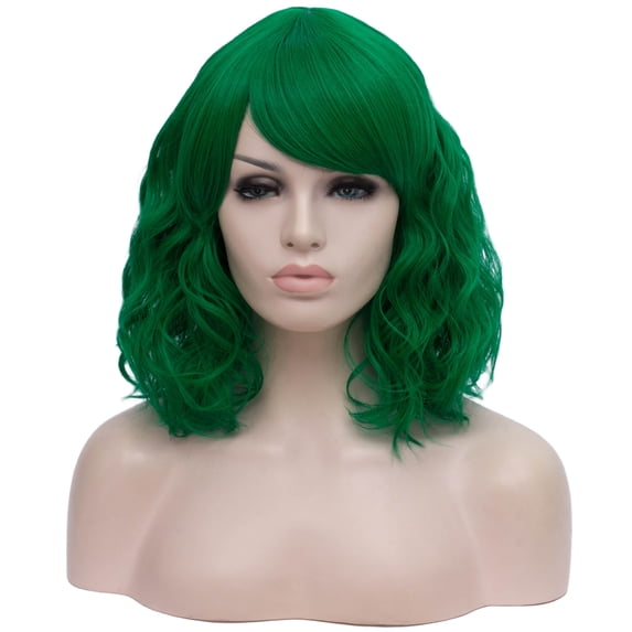 Unique Bargains Human Hair Wigs for Women Lady 14" Green Curly Wig Cap Fluffy Curly Wavy