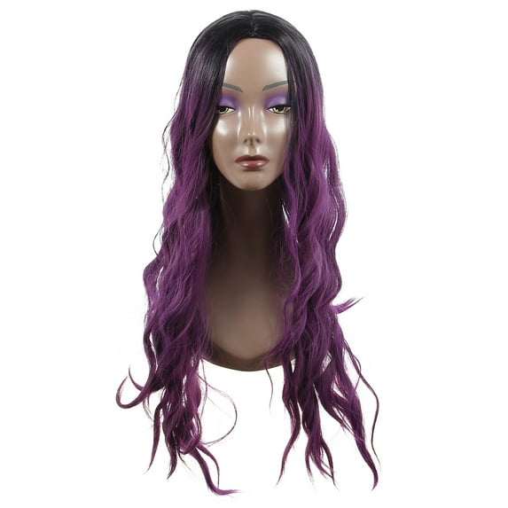 Unique Bargains Human Hair Wigs for Lady 28" Curly Wig with Wig Cap Deep Purple