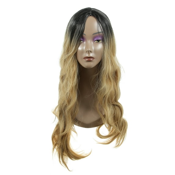 Unique Bargains Human Hair Wigs for Lady 28" Curly Wig with Wig Cap Flax Gold Tone