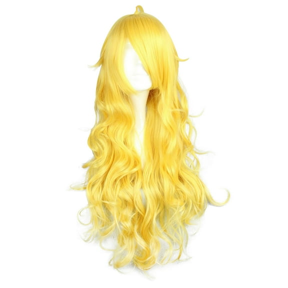 Unique Bargains Human Hair Wigs for Women Lady 31" Yellow Curly Wig with Wig Cap