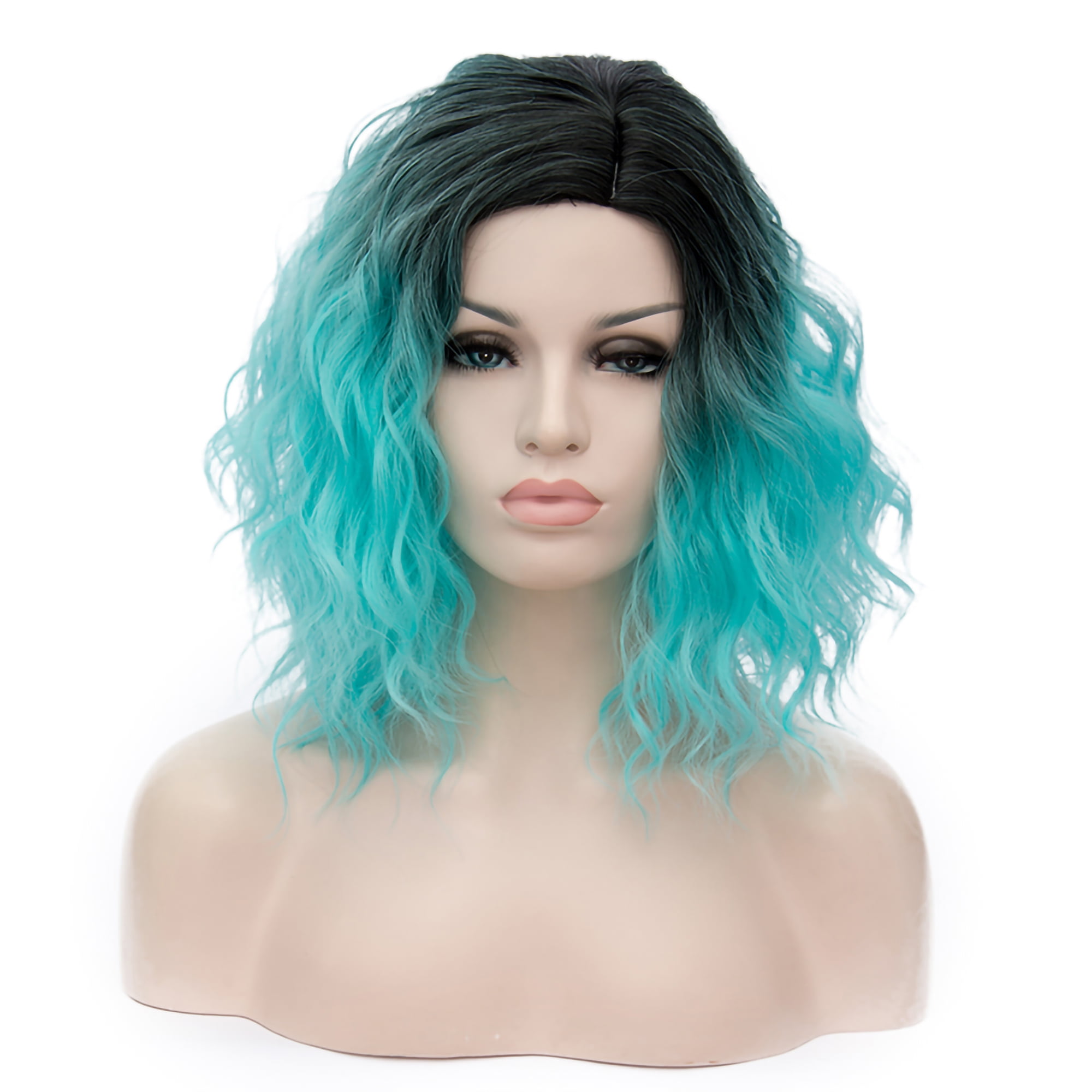 Unique Bargains Human Hair Wigs for Women Lady Curly Wig Cap Fluffy Curly Wavy Black Blue