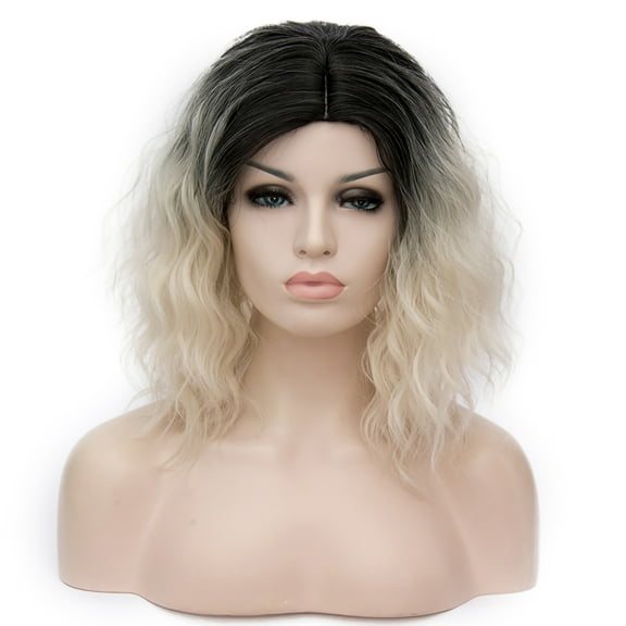 Unique Bargains Human Hair Wigs for Women Lady Curly Wig Cap Fluffy Curly Wavy Black Gradient White