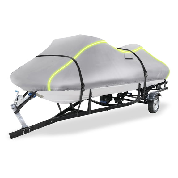 Unique Bargains For Jet Ski Cover Fits 90"(1 seater), 300D Duty Oxford AntiUV Waterproof Trailerable PWC Cover Fit for Yamaha for SeaDoo for Kawasaki Models w/ 2 Air Vent and 10 Straps Silver Tone
