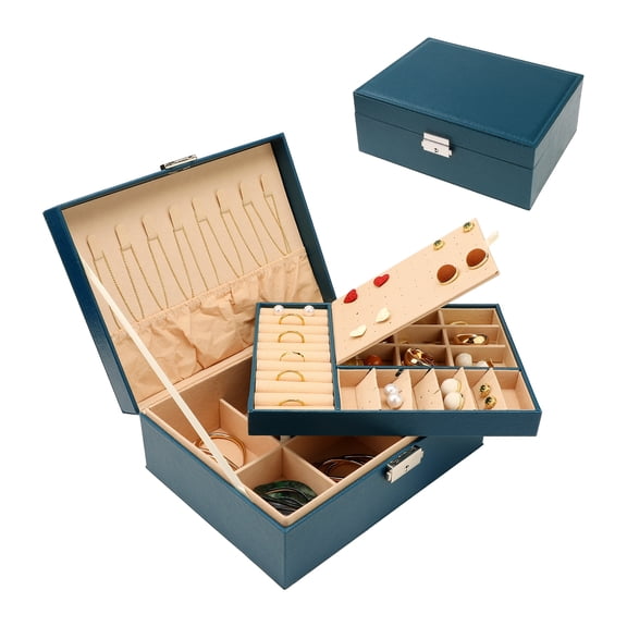 Unique Bargains Jewelry Box Small PU Leather Jewelry Organizer Case Storage Display Holder Blue Green