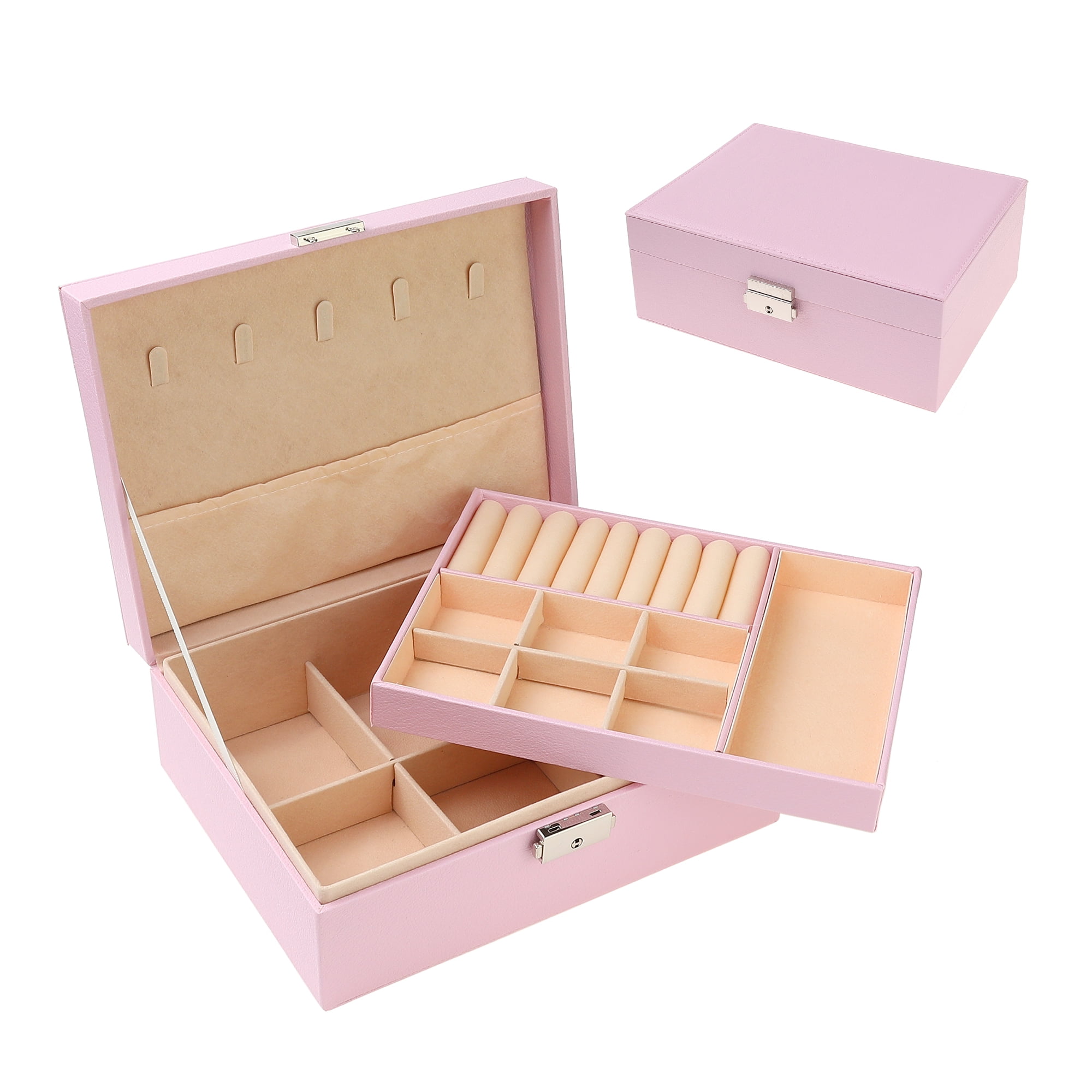 Unique Bargains Jewelry Box Small PU Leather Jewelry Organizer Case Storage Display Holder Pink