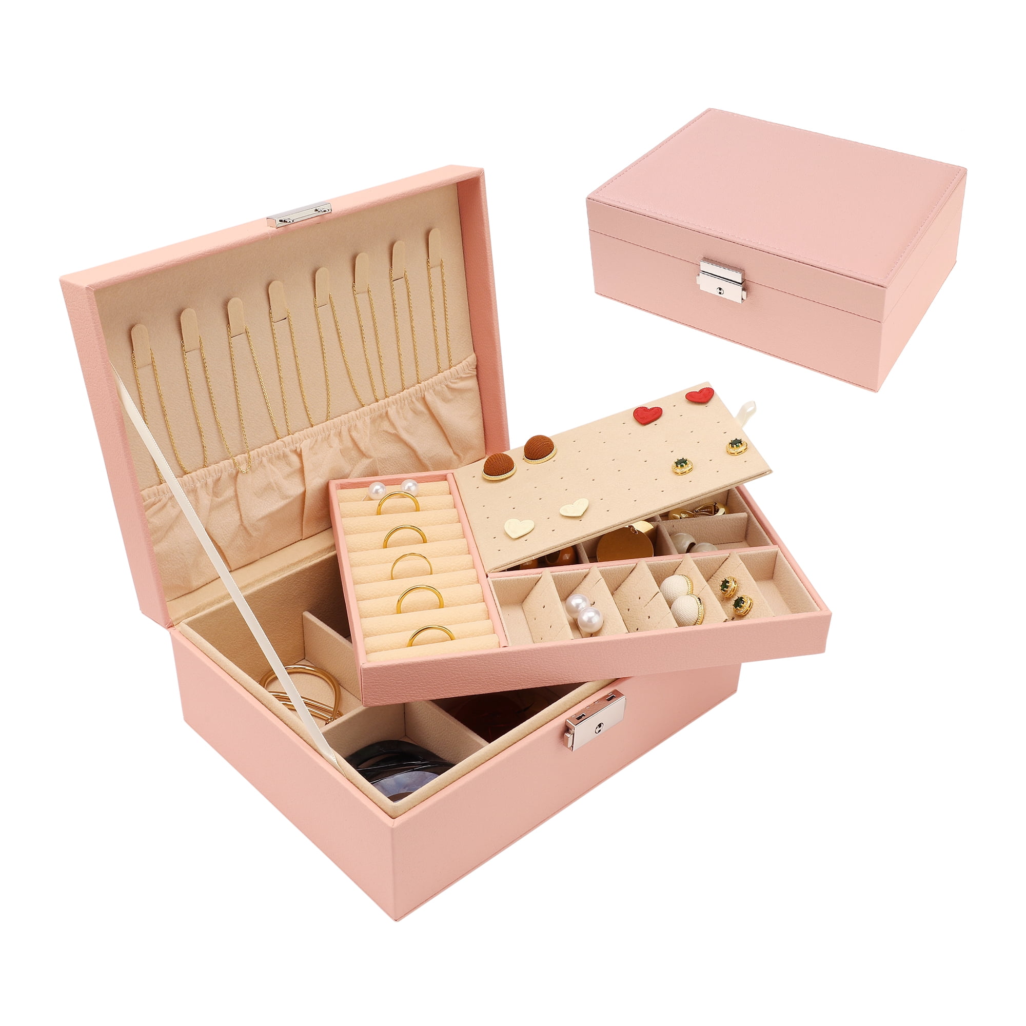 Unique Bargains Jewelry Box Small PU Leather Jewelry Organizer Case Storage Display Holder Pink