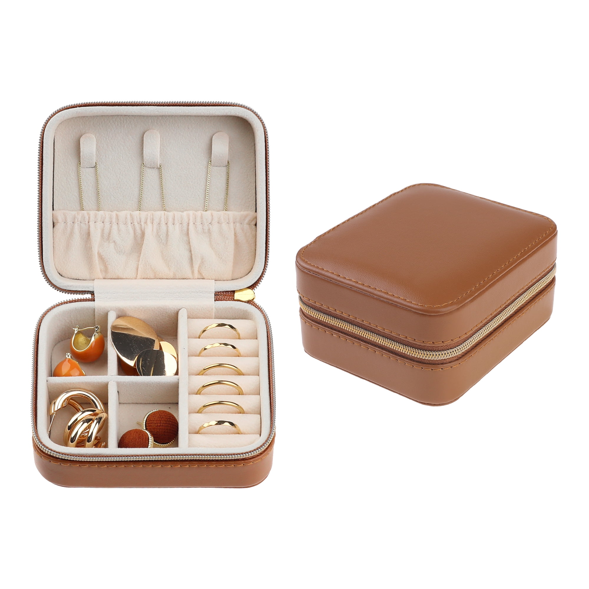 Unique Bargains Jewelry Box Small Portable PU Leather Jewelry Organizer Case Storage Brown