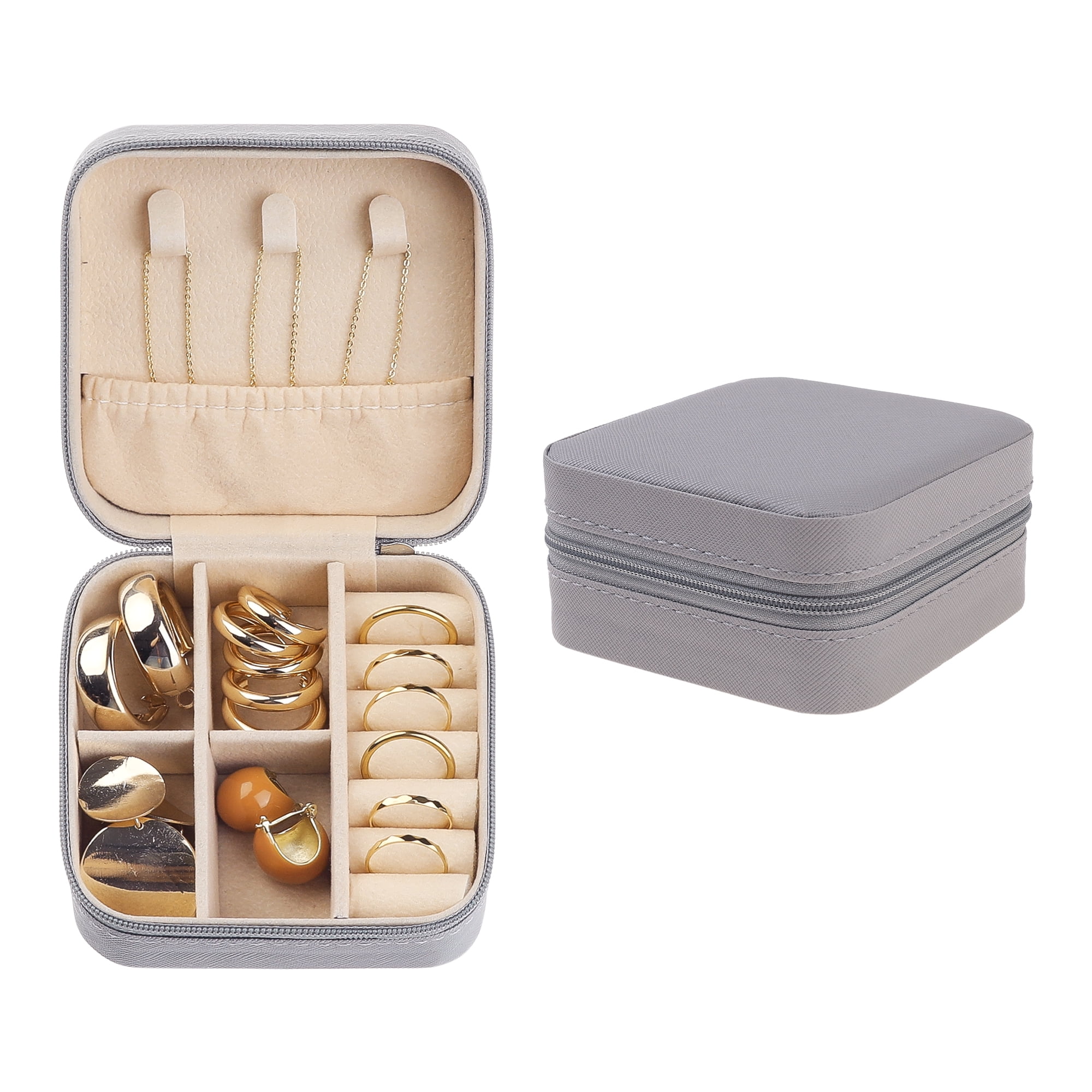 Travel Jewelry Box Mini Portable PU Leather Organizer for Women and Girls Gifts Grey
