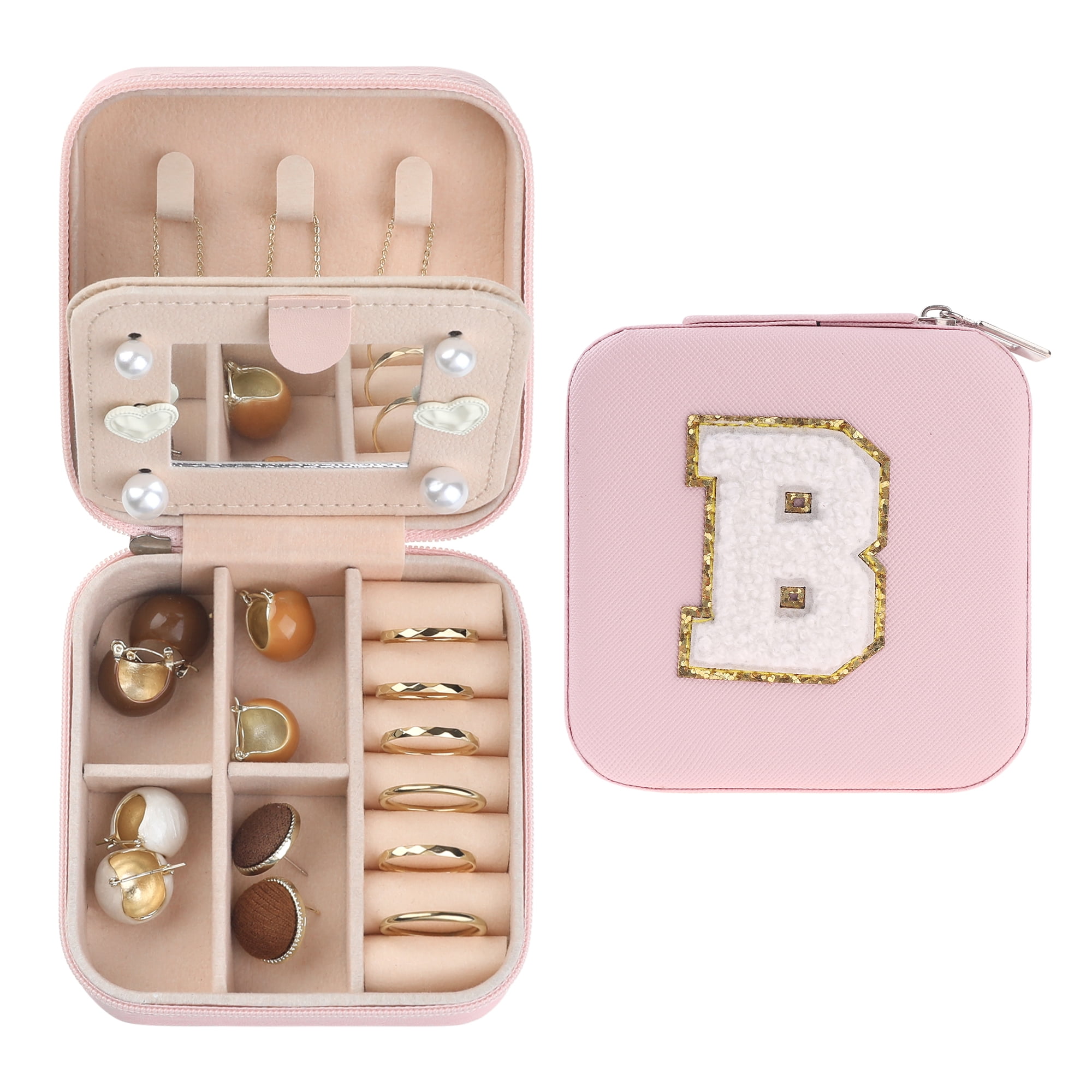 Unique Bargains Jewelry Boxes with Mirror Mini Portable PU Leather Jewelry Organizer Case Pink Letter B