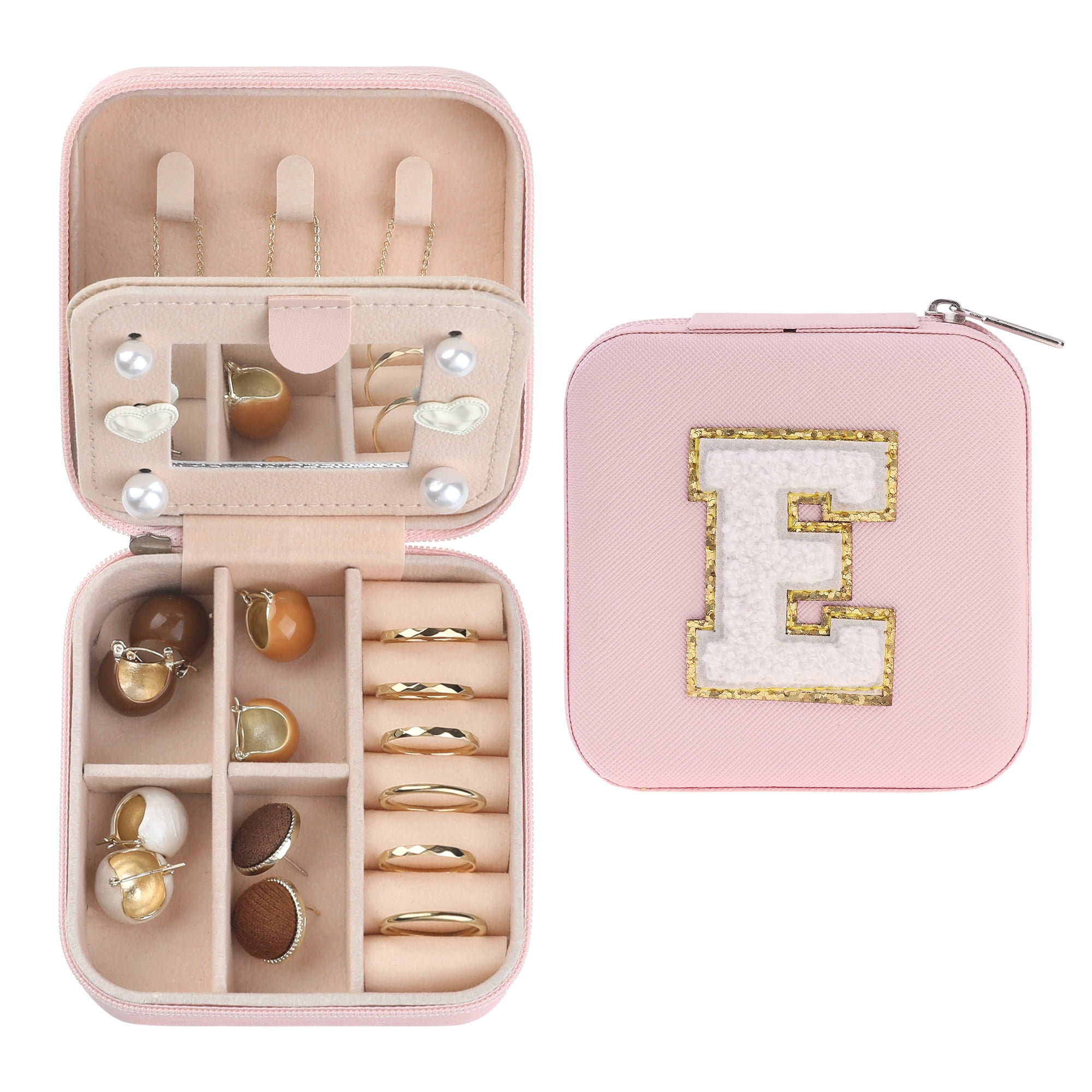 Unique Bargains Jewelry Boxes with Mirror Mini Portable PU Leather Jewelry Organizer Case Pink Letter E