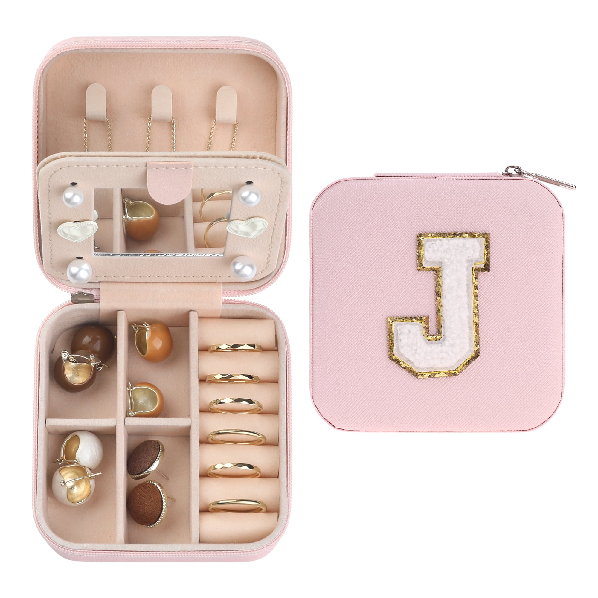 Unique Bargains Jewelry Boxes with Mirror Mini Portable PU Leather Jewelry Organizer Case Pink Letter J