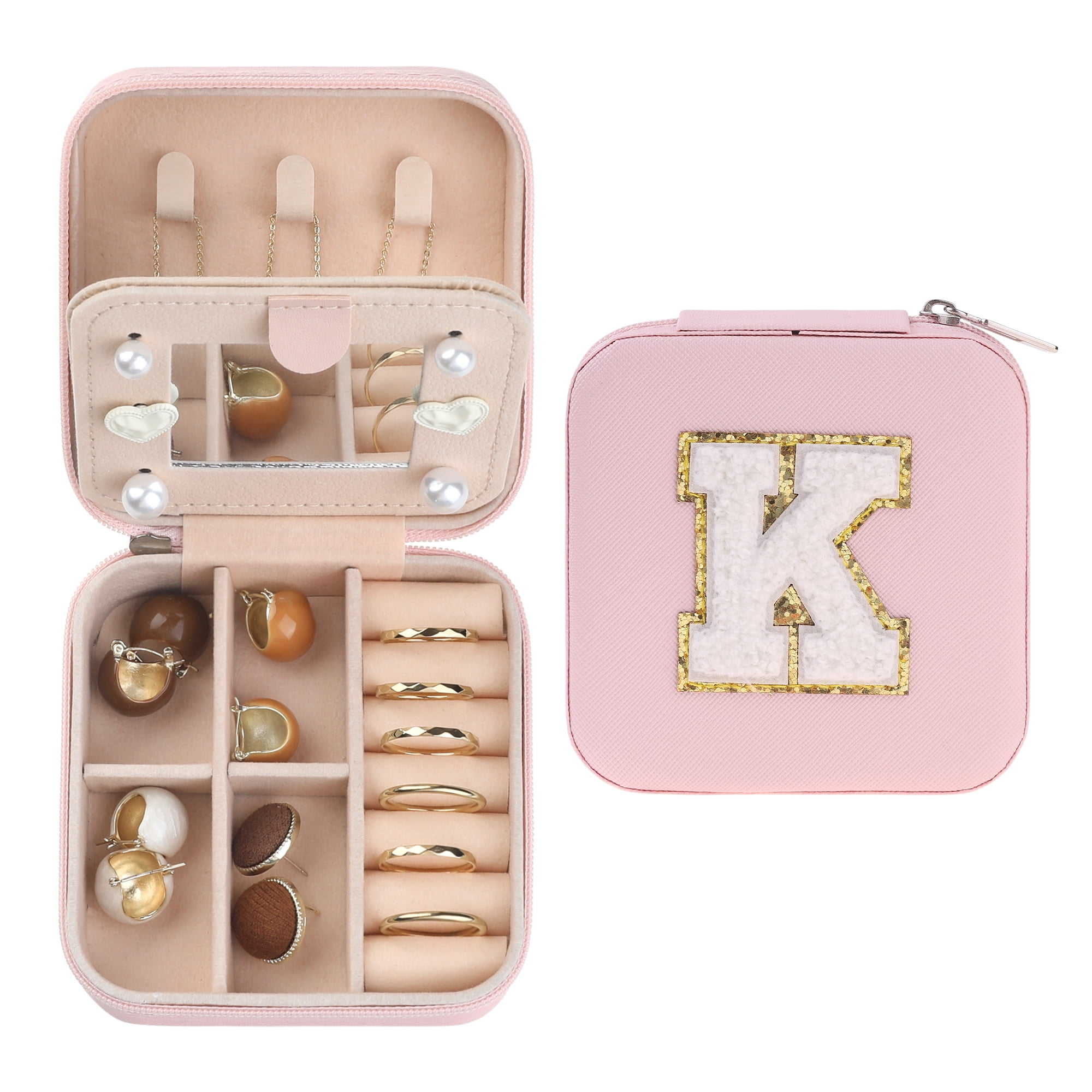 Unique Bargains Jewelry Boxes with Mirror Mini Portable PU Leather Jewelry Organizer Case Pink Letter K