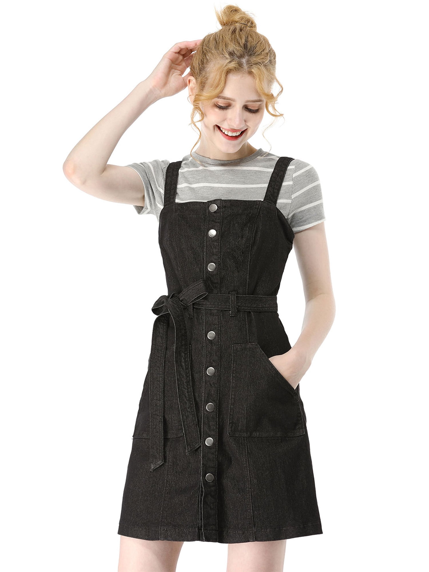 Unique Bargains Junior's Adjustable Strap a-Line Overall Denim Dress