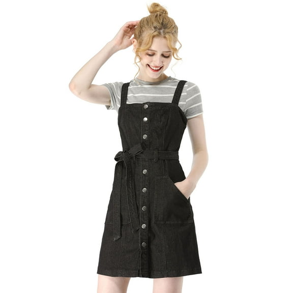 Unique Bargains Junior's Adjustable Strap a-Line Overall Denim Dress