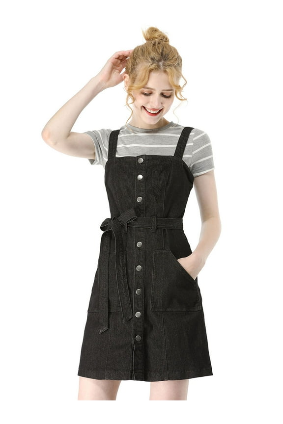 Junior's Adjustable Strap a-Line Overall Denim Dress