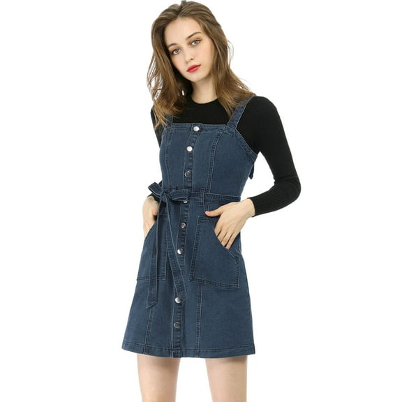 Unique Bargains Junior's Adjustable Strap a-Line Overall Denim Dress
