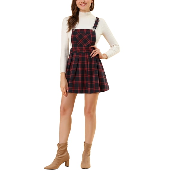 Unique Bargains Junior's Checks Adjustable Strap Pinafore Overall Dress Suspender Skirt L Red Black