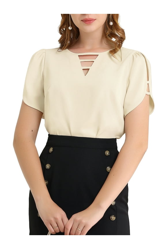 Junior's Choker V Cut-Out Split-Neck Slashed Cuffs Blouse