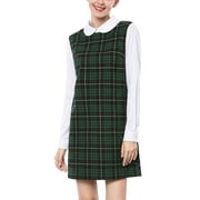 Unique Bargains Junior's Contrast Peter Pan Collar Long Sleeve Check Shift Dress